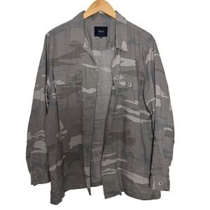 Rails Womens Shirt Medium Gray Camo Linen Blend‎ Button Down Long Sleeve Utility